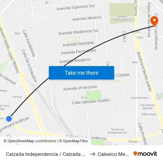 Calzada Independencia / Calzada Anáhuac to Calexico Mexicali map