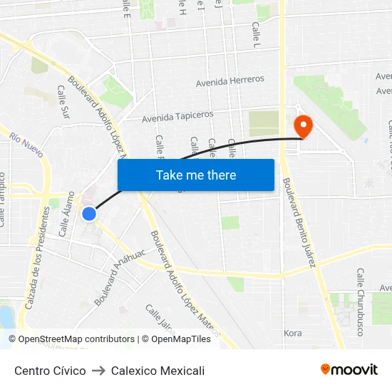 Centro Cívico to Calexico Mexicali map