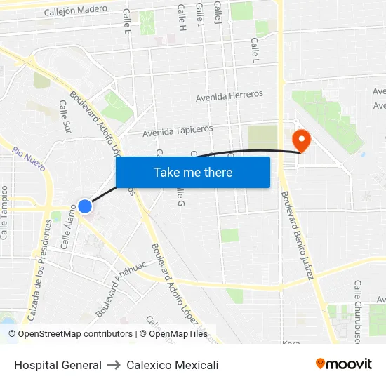 Hospital General to Calexico Mexicali map
