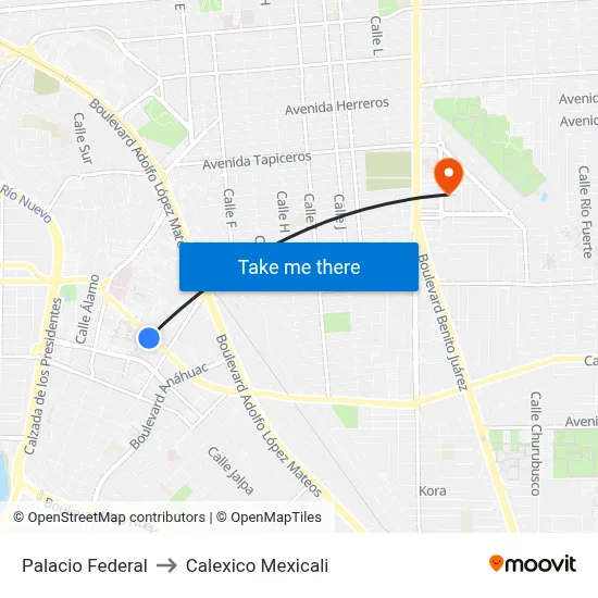Palacio Federal to Calexico Mexicali map