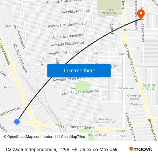 Calzada Independencia, 1298 to Calexico Mexicali map