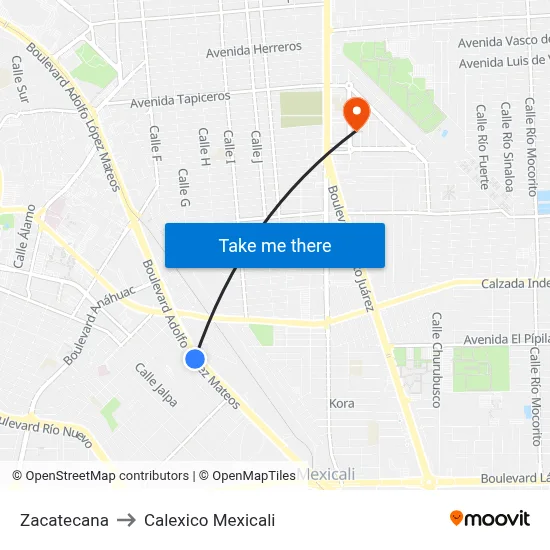 Zacatecana to Calexico Mexicali map