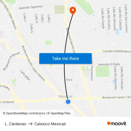 L. Cárdenas to Calexico Mexicali map