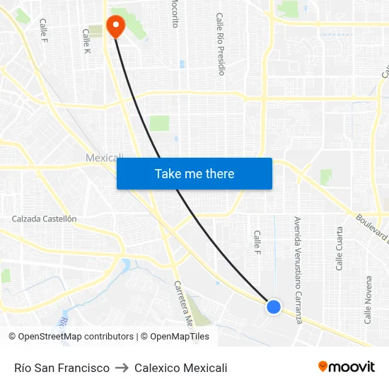 Río San Francisco to Calexico Mexicali map