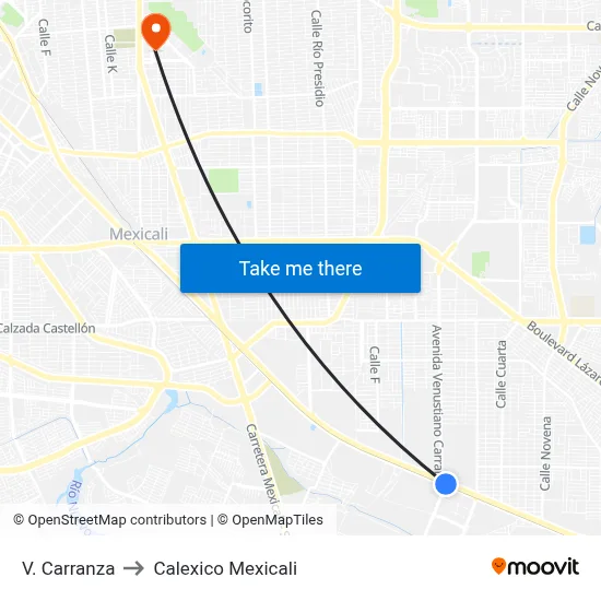 V. Carranza to Calexico Mexicali map