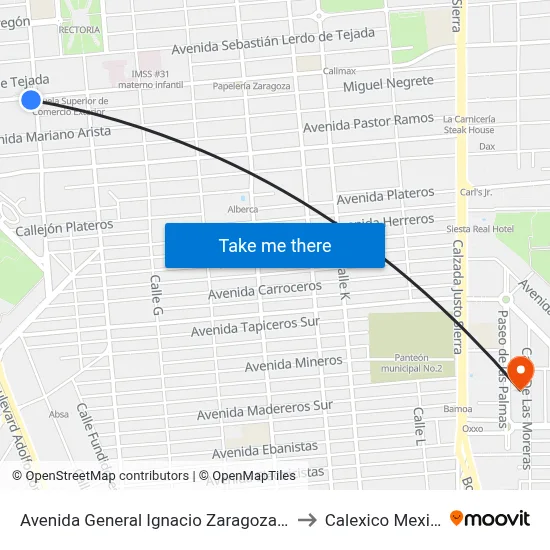 Avenida General Ignacio Zaragoza, 1283 to Calexico Mexicali map