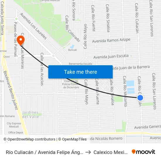 Río Culiacán / Avenida Felipe Ángeles to Calexico Mexicali map