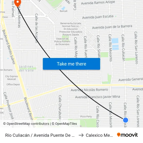 Río Culiacán / Avenida Puente De Calderón to Calexico Mexicali map