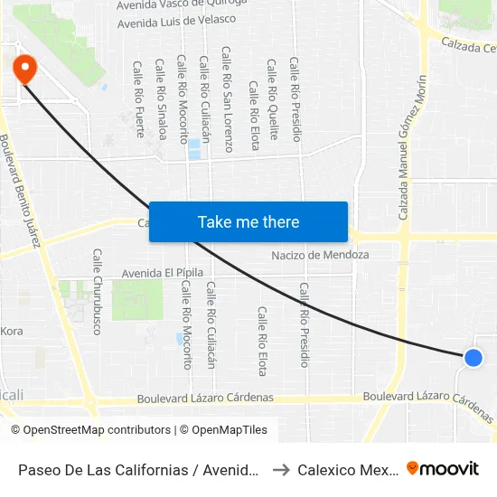 Paseo De Las Californias / Avenida Malibú to Calexico Mexicali map