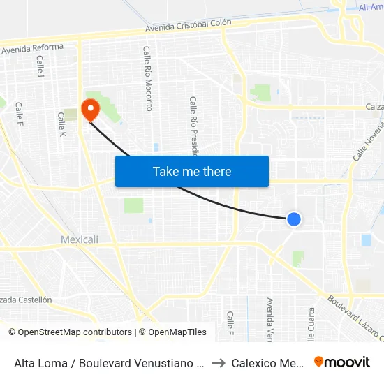 Alta Loma / Boulevard Venustiano Carranza to Calexico Mexicali map