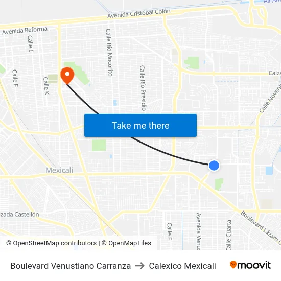 Boulevard Venustiano Carranza to Calexico Mexicali map