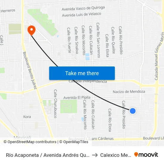 Río Acaponeta / Avenida Andrés Quintana Roo to Calexico Mexicali map