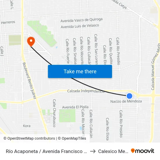 Río Acaponeta / Avenida Francisco Javier Mina to Calexico Mexicali map