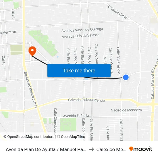 Avenida Plan De Ayutla / Manuel Payno Flores to Calexico Mexicali map