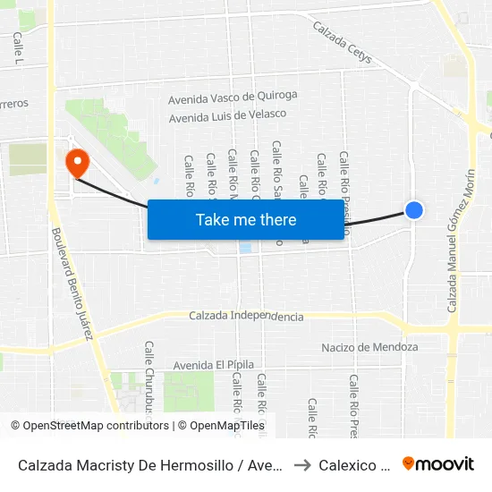 Calzada Macristy De Hermosillo / Avenida Ignacio Comonfort to Calexico Mexicali map