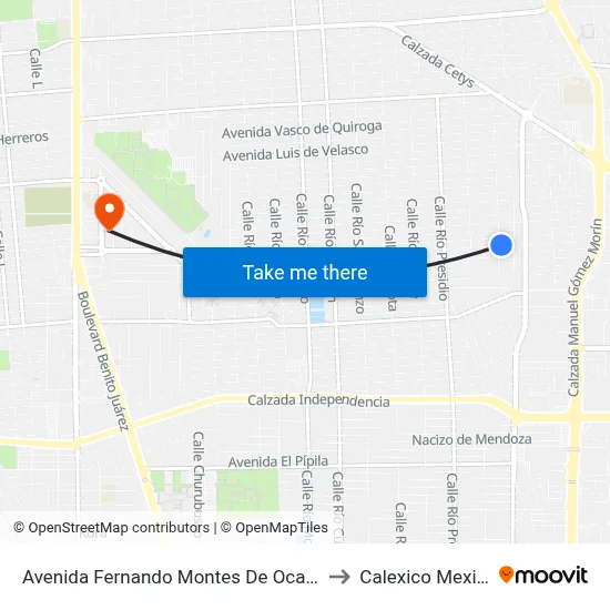 Avenida Fernando Montes De Oca, 1500 to Calexico Mexicali map