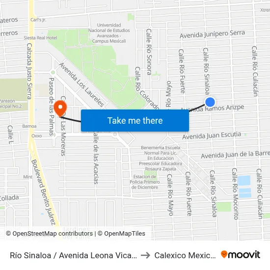 Río Sinaloa / Avenida Leona Vicario to Calexico Mexicali map