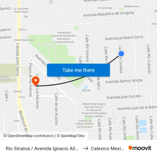 Río Sinaloa / Avenida Ignacio Allende to Calexico Mexicali map