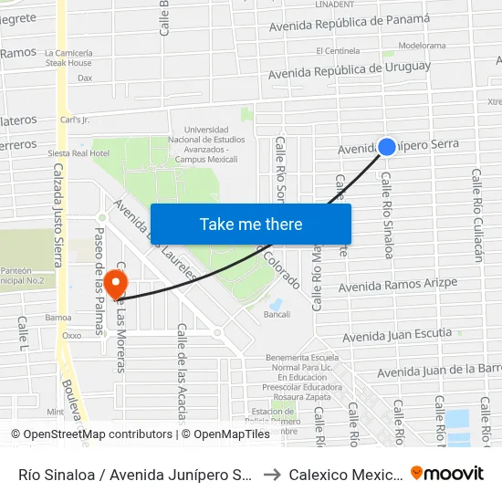 Río Sinaloa / Avenida Junípero Serra to Calexico Mexicali map