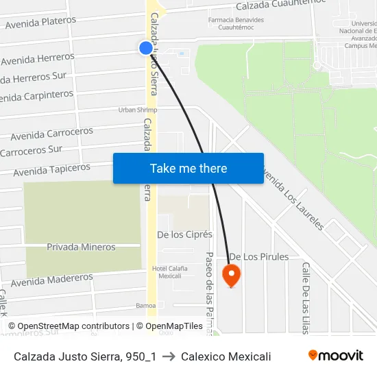 Calzada Justo Sierra, 950_1 to Calexico Mexicali map