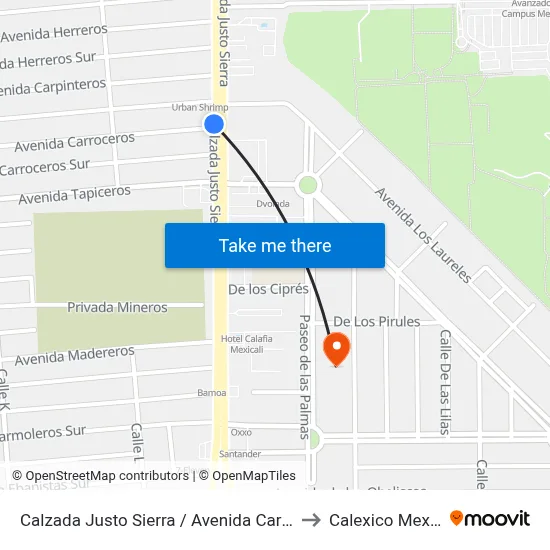Calzada Justo Sierra / Avenida Carroceros to Calexico Mexicali map