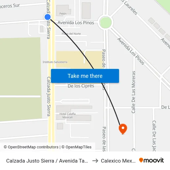 Calzada Justo Sierra / Avenida Tapiceros to Calexico Mexicali map