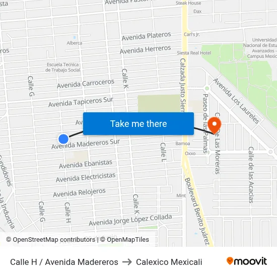 Calle H / Avenida Madereros to Calexico Mexicali map