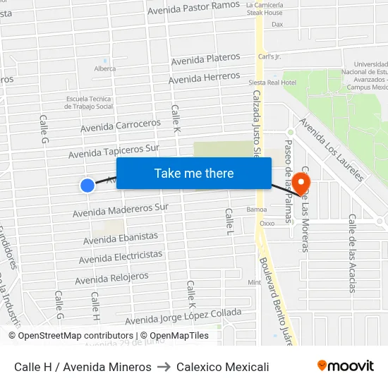 Calle H / Avenida Mineros to Calexico Mexicali map