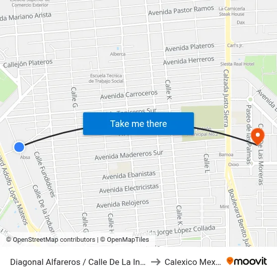 Diagonal Alfareros / Calle De La Industria to Calexico Mexicali map
