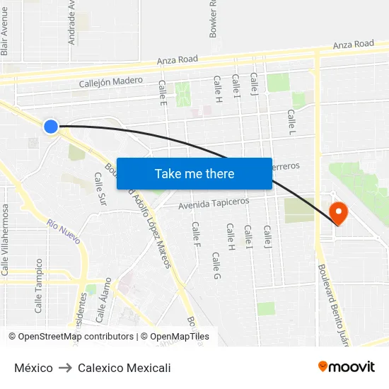 México to Calexico Mexicali map