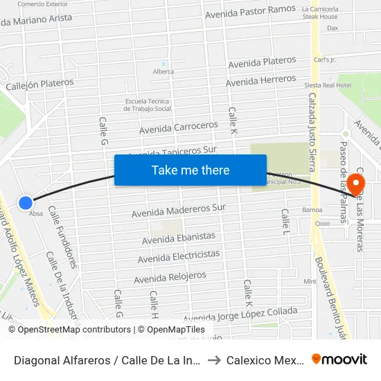 Diagonal Alfareros / Calle De La Industria to Calexico Mexicali map