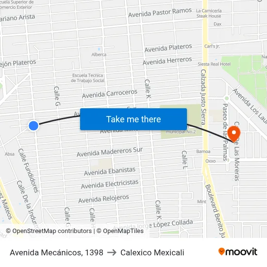 Avenida Mecánicos, 1398 to Calexico Mexicali map