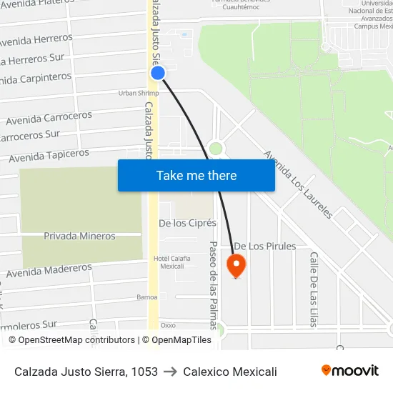 Calzada Justo Sierra, 1053 to Calexico Mexicali map