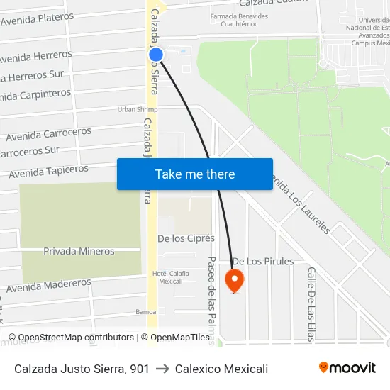 Calzada Justo Sierra, 901 to Calexico Mexicali map