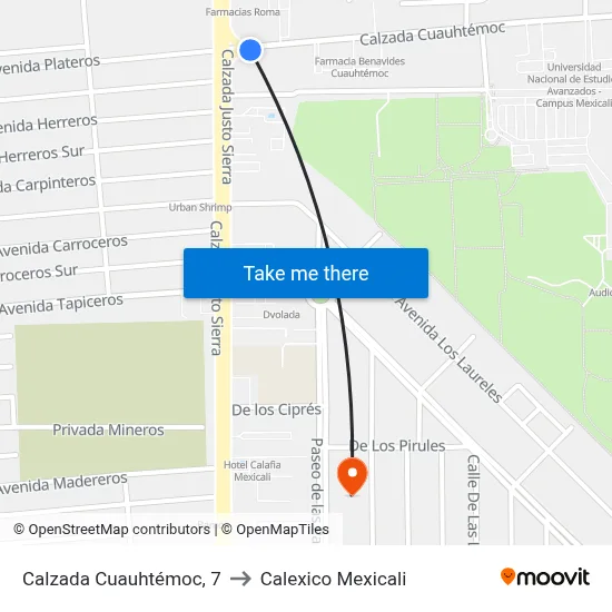 Calzada Cuauhtémoc, 7 to Calexico Mexicali map