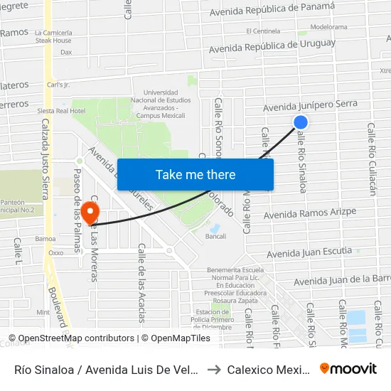 Río Sinaloa / Avenida Luis De Velasco to Calexico Mexicali map