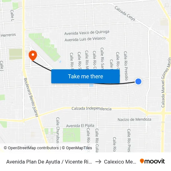 Avenida Plan De Ayutla / Vicente Riva Palacio to Calexico Mexicali map