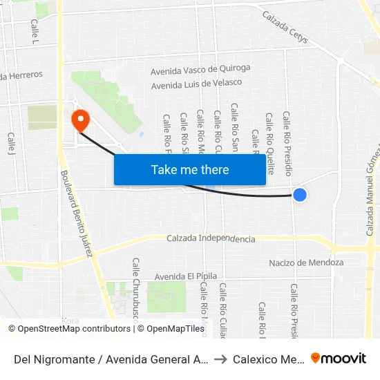 Del Nigromante / Avenida General Angel Flores to Calexico Mexicali map