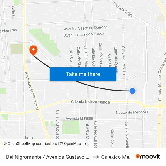 Del Nigromante / Avenida Gustavo Garmendia to Calexico Mexicali map