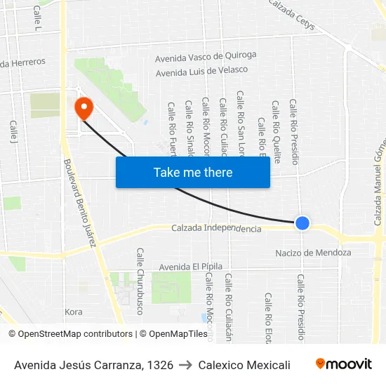 Avenida Jesús Carranza, 1326 to Calexico Mexicali map
