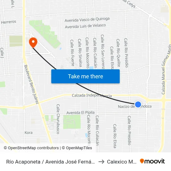 Río Acaponeta / Avenida José Fernández De Lizardi to Calexico Mexicali map
