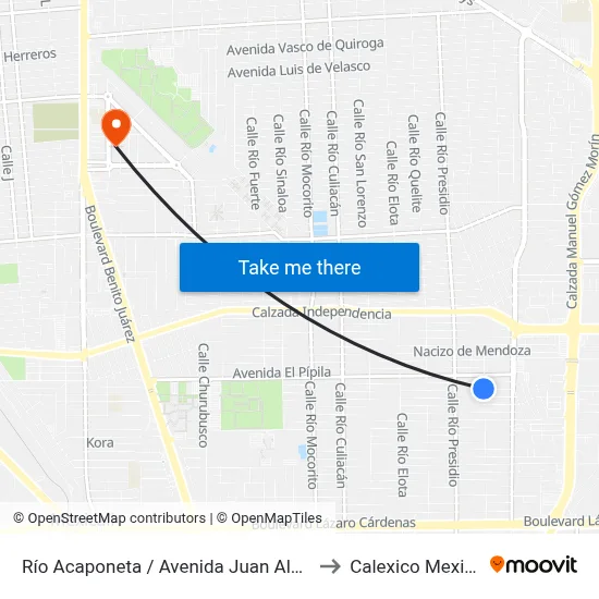 Río Acaponeta / Avenida Juan Aldama to Calexico Mexicali map