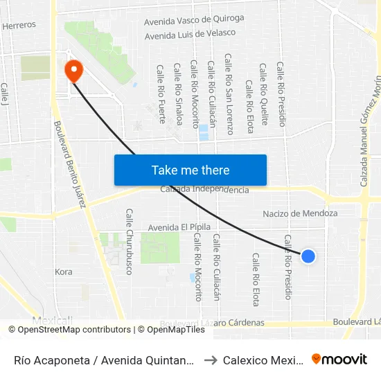 Río Acaponeta / Avenida Quintana Roo to Calexico Mexicali map