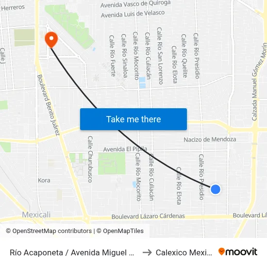 Río Acaponeta / Avenida Miguel Bravo to Calexico Mexicali map