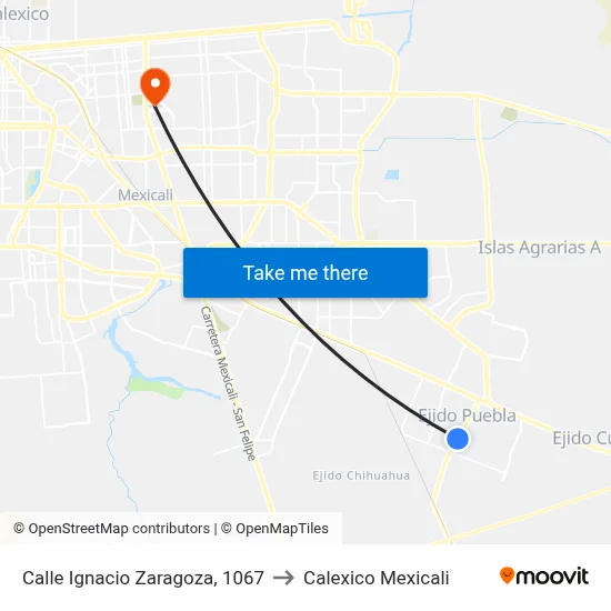 Calle Ignacio Zaragoza, 1067 to Calexico Mexicali map