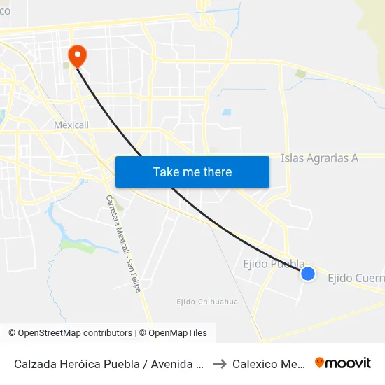 Calzada Heróica Puebla / Avenida Coatepec to Calexico Mexicali map