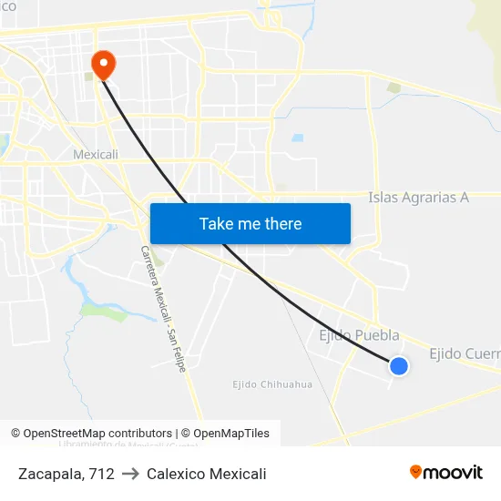 Zacapala, 712 to Calexico Mexicali map