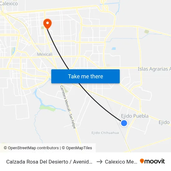 Calzada Rosa Del Desierto / Avenida Zapotitlán to Calexico Mexicali map
