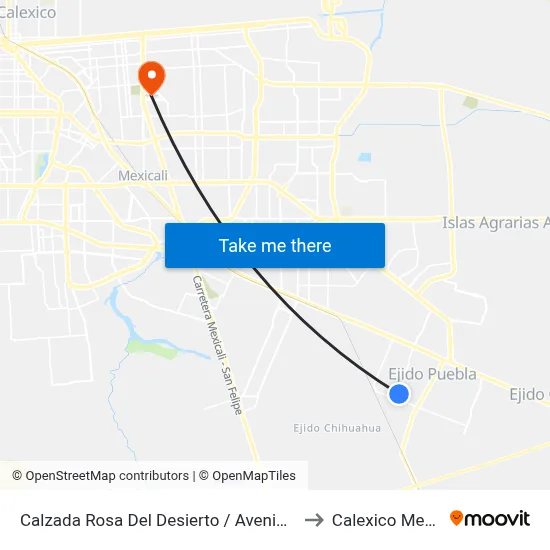 Calzada Rosa Del Desierto / Avenida Xelhua to Calexico Mexicali map