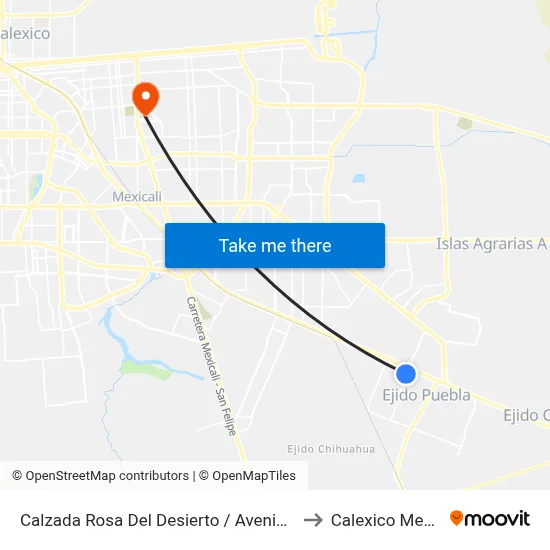Calzada Rosa Del Desierto / Avenida Erebia to Calexico Mexicali map